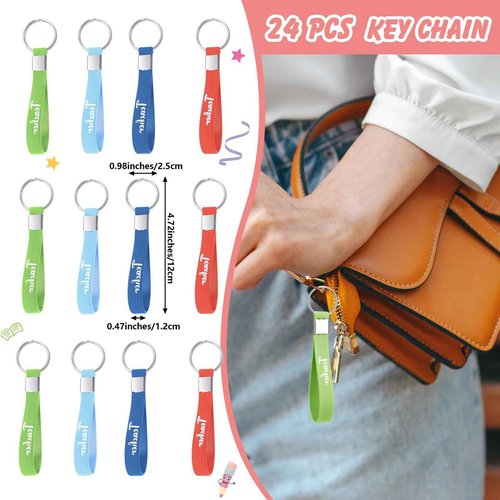 Sadnyy 36 Pieces Teacher Appreciation Gifts Set 12 Makeup Bag 12 Silicone Keychain 12 Blessing Card Bracelet Teacher's Day Gift Teacher Makeup Pouch Pencil Bag Inspirational Quote Key Chain, 12 Styles