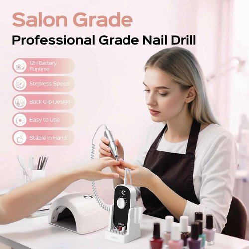 COSLUS Electric Nail Drill Professional: 40000 RPM Rechargeable Nail File with Stand for Acrylic Gel Nails - Stable & Smooth Grinding, Easy to Use, Ideal for Beginners Women, Home DIY and Salon, White
