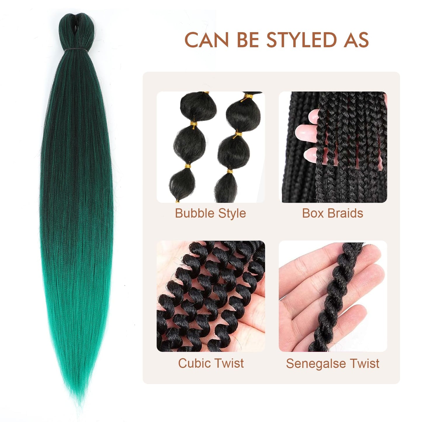 DIFUNEE Pre-stretched Braiding Hair - 16 Inch 8 Packs Ombre Green Short Braiding Hair For Twist or Box Braids, Yaki Texture Hot Water Setting Synthetic Braiding Hair Extensions (16 Inch, T-Green-8P)