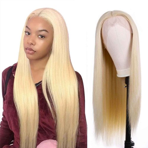 WOCO Women's Lace Front Wig Blonde T Part Long Straight 613 Color Kanekalon Futura Heat-Resistant Fiber Adjustable Synthetic Natural Looking Party Halloween Daily Hair Replacement Wig for Women