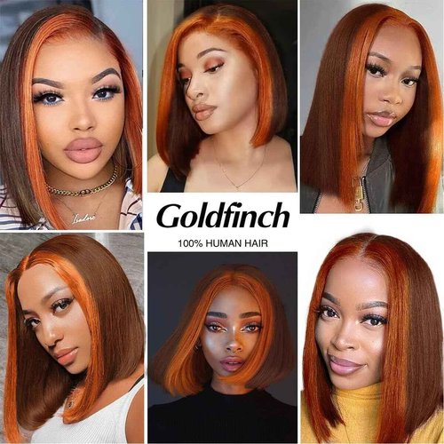 Ginger Orange Highlight Skunk Stripe Short Bob Wigs Human Hair Chocolate Brown Straight Bob Wigs Ombre 13x4 HD Lace Frontal Wigs Brazilian Virgin 150% Density Pre Plucked 8 Inch