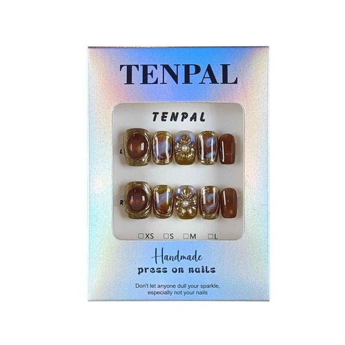 TENPAL Handmade Short Square Press on Nails with Kit,Golden Brown Chrome Hand-Sculpted Toffee Blooms & Gilded Edge Designs Glue on Nails,Glossy Sunset Metallic Cat Eye Fake Nails for Fall Winter(S)