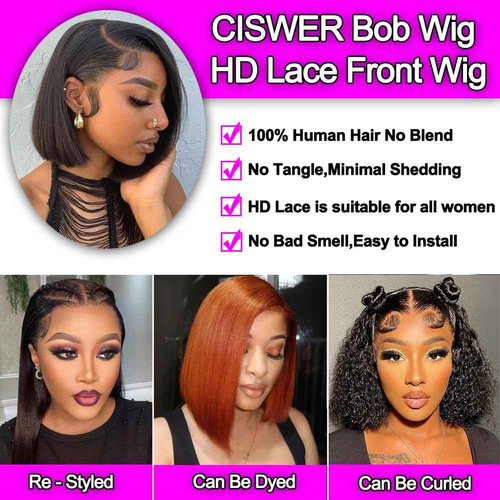 CISWER Short Bob Wig Human Hair Straight 13x4 Lace Front Wig Human Hair Bob Wigs for Black Women Glueless 180 Density Black Wig 12 Inch