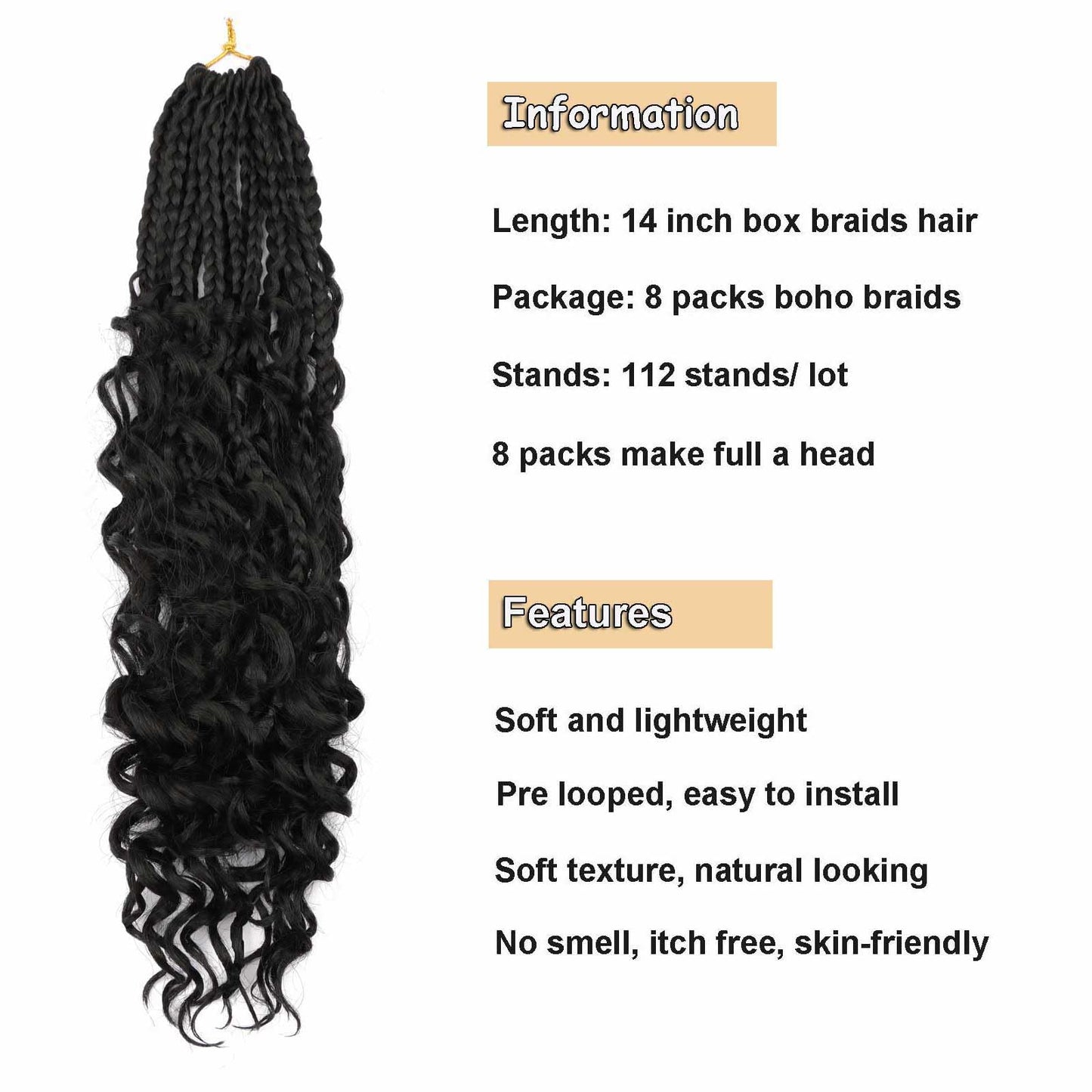 8 Packs Goddess Box Braids Crochet Hair 14 Inch Crochet Box Braids with Curly Ends Boho Braids Bohemian Box Braid Hair for Women (1B, 14 inch 8 pack)