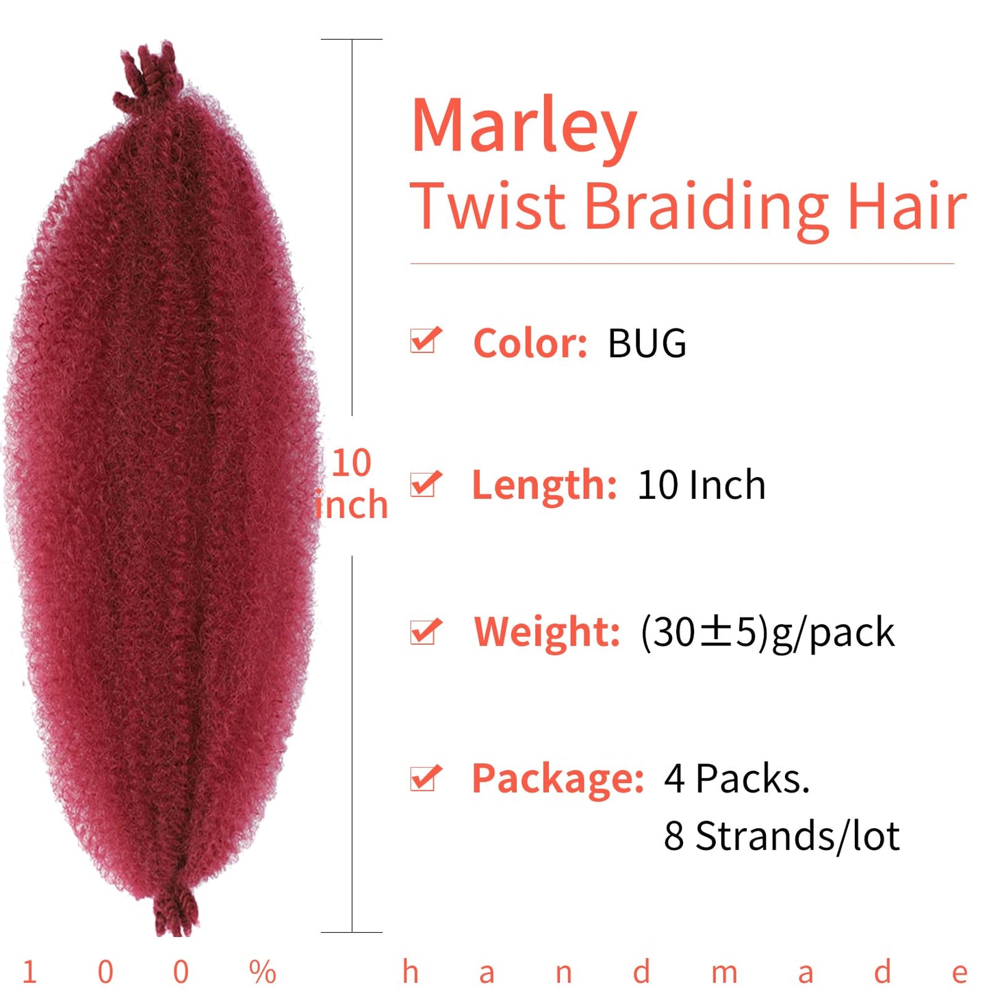 Anemoi Red Burgundy Marley Twist Braiding Hair, 10 Inch 4 Packs Springy Afro Kinky Twist Hair,Pre-Fluffed Spring Twist Hair Twisted Up Marley Hair For Black Women Crochet Braids(10inch,4packs,BUG#)