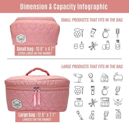 PINK PROTECT XL Quilted Makeup Bag Set of 2 - Extra Large Makeup Bag + Toiletry Bag for Women, Waterproof & Lightweight Cotton with Multiple Compartments, Perfect for Travel, Premium Stitching (Pink)