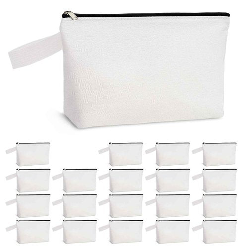 Koolmox 20 Pack 12Oz Blank Makeup Bags with Bottom and Strap, Multi-purpose Large Canvas Zipper Toiletry Organization Pouch Blank Bag for HTV Crafts (White Bag w/Black Zipper, L, 12.2x7.4x 2.7'')