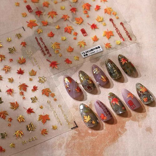 5D Embossed Fall Nail Art Stickers Maple Leaf Nail Stickers Fiery Red Maple Leaves Nail Design Thanksgiving Nail Art Supplies Autumn Nail Decals for Women Acrylic Nails Decoration