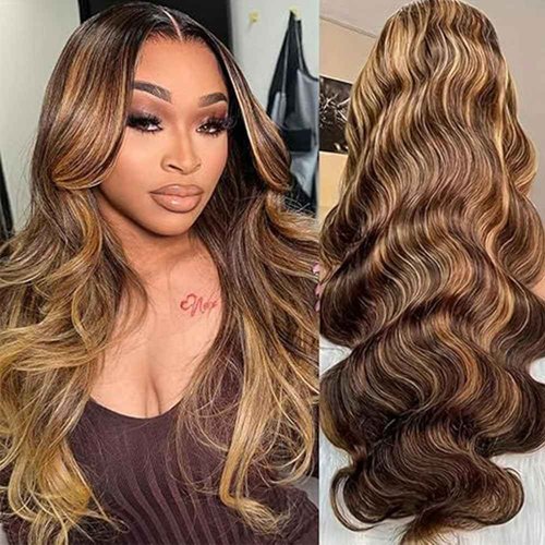 Lagalaga 20 Inch Color P4/27 Body Wave Wigs Human Hair Highlight Blonde Wis 200% Density Highlight Lace Frontal Wig 4x4 Lace Closure Wig Human Hair Pre Plucked For Black Women