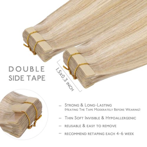 WENNALIFE Tape in Hair Extensions Human Hair, 20pcs 50g 18 inch Dirty Blonde Highlighted Bleach Blonde Remy Hair Extensions Straight Human Hair Tape in Extensions Skin Weft Extensions Hair