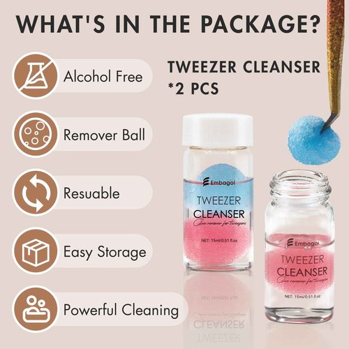 Embagol 2 Bottles Tweezer Cleanser for Eyelash Extensions Tweezers Glue Remover Liquid for Lash Tools with 2 Spongeballs(2 Bottles Cleanser)