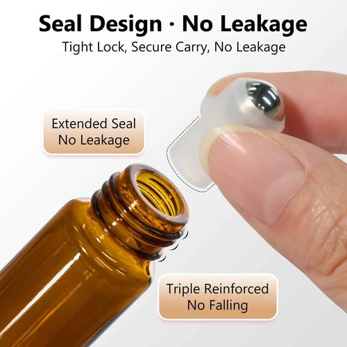 KEYWING 10ml Amber Roller Rottles for Essential Oils - 24PCS Glass Roll on Bottles with Black Caps & Stainless Steel Roller Balls, Empty Perfume Refillable Bottle for Travel