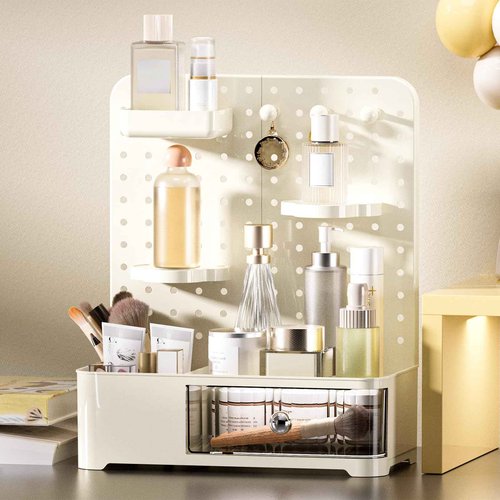 Weidace Makeup Organizer for Vanity, Aesthetic Cosmetic Storage Rack with Drawer and Pegboard Hooks, Adjustable Shelves Skincare Organizer for Bathroom Countertop, Cream White