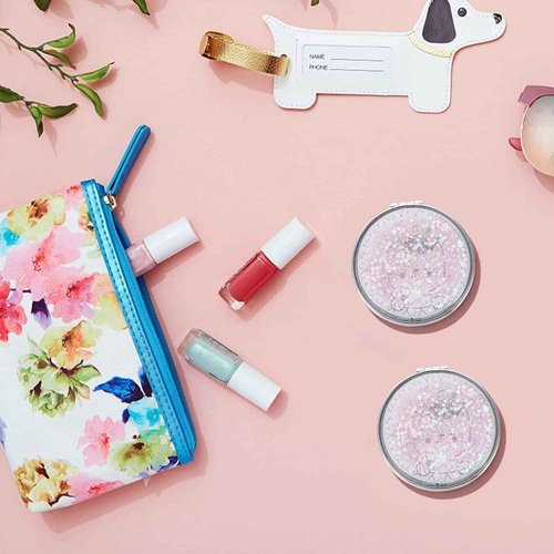 AKOAK 1 Pack Compact Mirror, Portable Quicksand Pocket Travel Makeup Mirror, Folding Hand-held Double Sided 1x/2x Magnifying Glass, Great Gift for Women and Girls (Pink)