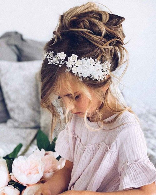 SWEETV Flower Girl Headpiece Ivory Tulle Flowers Wedding Headband for Girls, Princess Pearl Hair Accessories for Birthday Party, First Communion
