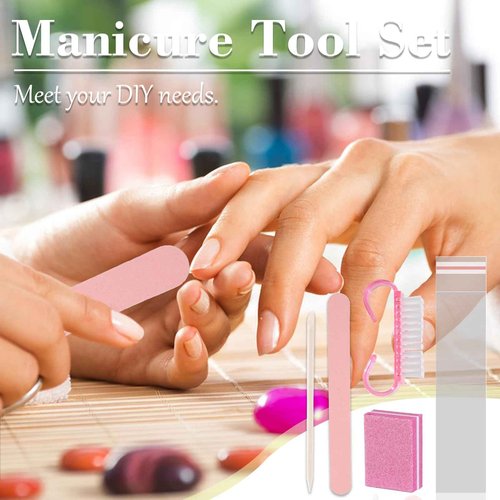 Disposable Manicure kit Press On Nail Tool Kit for Salon Home, Mini Nail Buffer, Nail File, Wood Stick, Nail Brush (Pink, 100 Set)