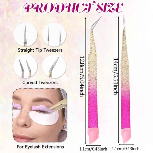 2 Pcs Double Ended Nail Art Tweezers with Silicone Pressing Head - Straight & Curved Tip Stainless Steel Tweezers for Eyelash Extensions & Nail Art Stickers