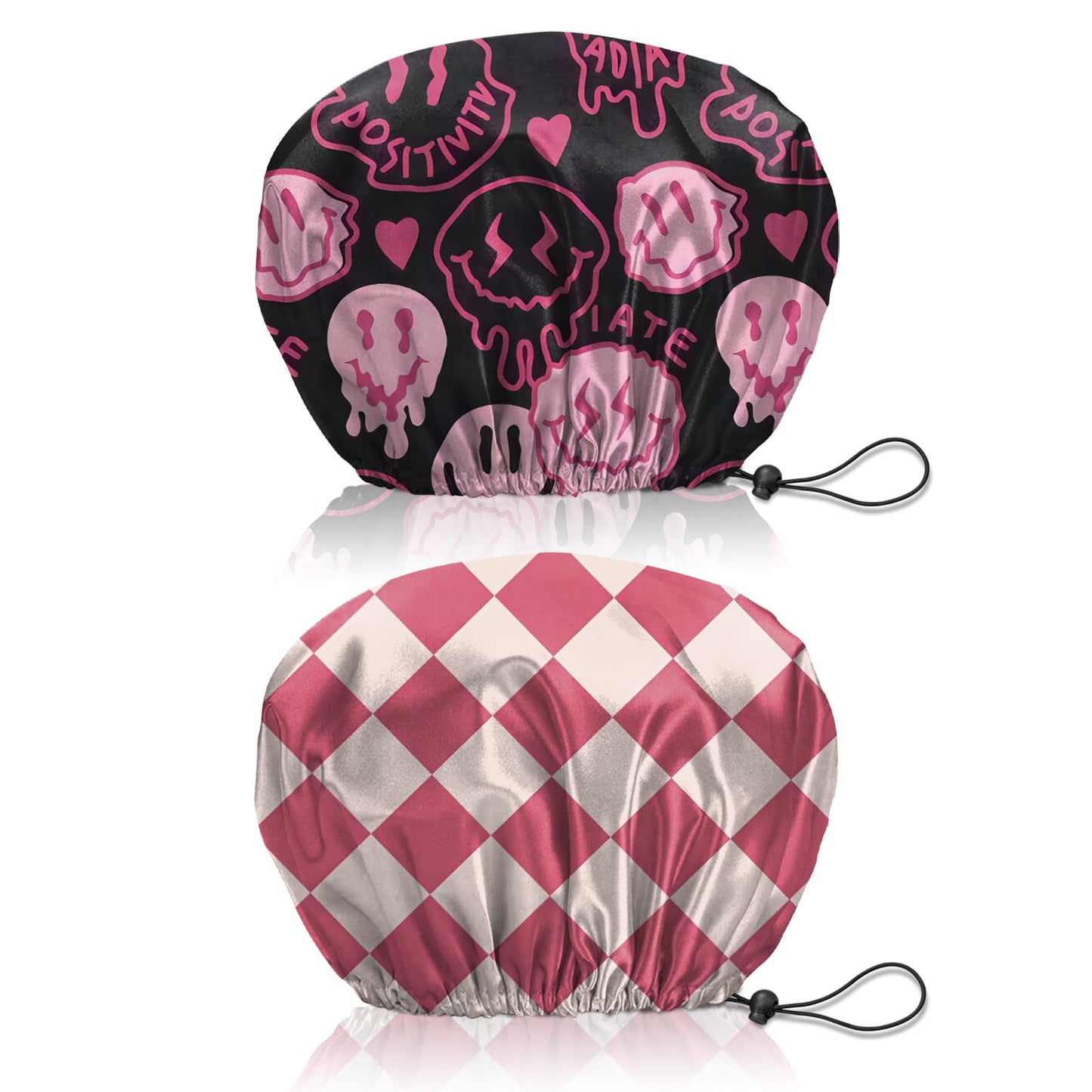 BHAHB 2 PCS Shower Cap Reusable Waterproof Double Layer Elastic Adjustable Hair Bath Caps Cute Aesthetic for Women Girls-Black Pink Checker