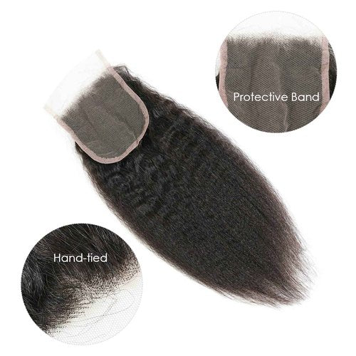 LINYINGYH Human Hair Kinky Straight Yaki Closure 14 Inch Brazilian Virgin Hair Remy 4x4 Lace Closure Free Part 150% Density Light Brown Lace Baby Hair Natural Color