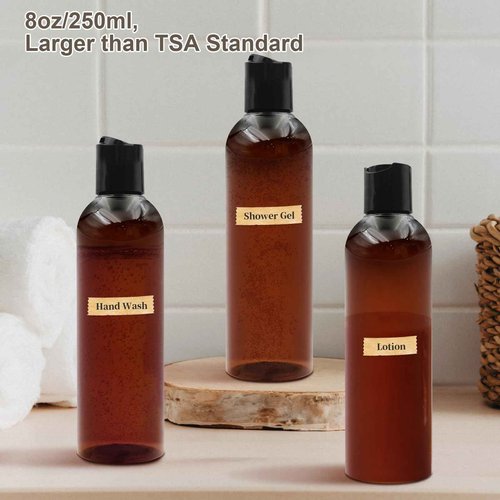 ZLEVEAYN 2 Pack 8 oz Amber Plastic Squeeze Bottles with Black Disc Caps Refillable Empty Travel Containers Bottles for Shampoo Conditioner Toiletries Lotions Oils BPA Free