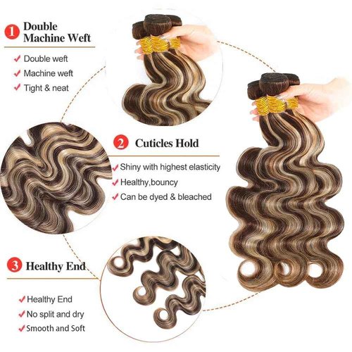 Dokksiiia P4613 Ombre Highlight Body Wave Human Hair Bundles Chocolate Brown and Blonde Mix P4/613 Ombre Brown Weave Bundles Brazilian Human Hair Extensions Silky and Soft 10 12 14 Inch
