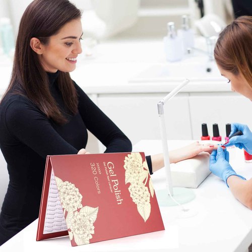 NMKL38 320 Nail Colors Chart Nail Gel Polish Display Book with 480 False Nail Tips Professional Salon Nail Color Swatches Nail Practice Card Board (Red)