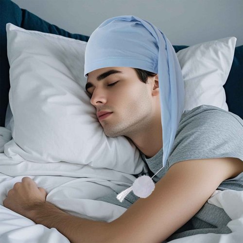 cnomg 2pcs Men's Night Sleeping Cap Adjustable Pajama Cap with Pom Ball and Tassel Women Daily Use (US, Alpha, Medium, White, lighht Blue)