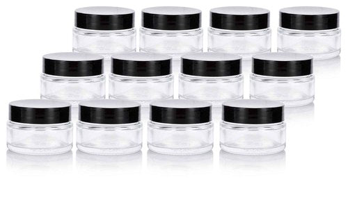 Clear Glass 0.50 oz / 15 ml Low Profile Thick Wall Balm Jars with Black Smooth Foam Lined Lids (12 PACK)