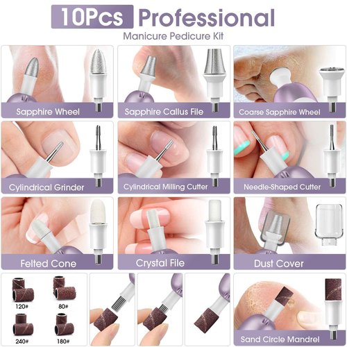 Professional Manicure Pedicure Kit with Case, Cordless Electric Nail File Set with Memory Mode&10 Speed, Portable Nail Drill Pedicure Tools for feet, Hand Foot Care Tool for Thick Nail Toenail Cuticle