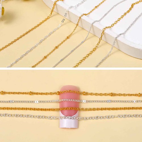 12 Strips Metal Nail Art Chains Gold & Silver Nails Decorations with Box Stainless Steel Nails Accessories Nail Jewelry Chains for Manicure Decoration & DIY（11 Inch）
