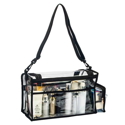 Large Professional Free Standing Clear PVC Makeup Artist Set Bag Transparent Makeup Brush Buddy Make up Kits Organizer Carry All MUA Travel Cosmetic Bag with 8 Dividers and Tissue Holder