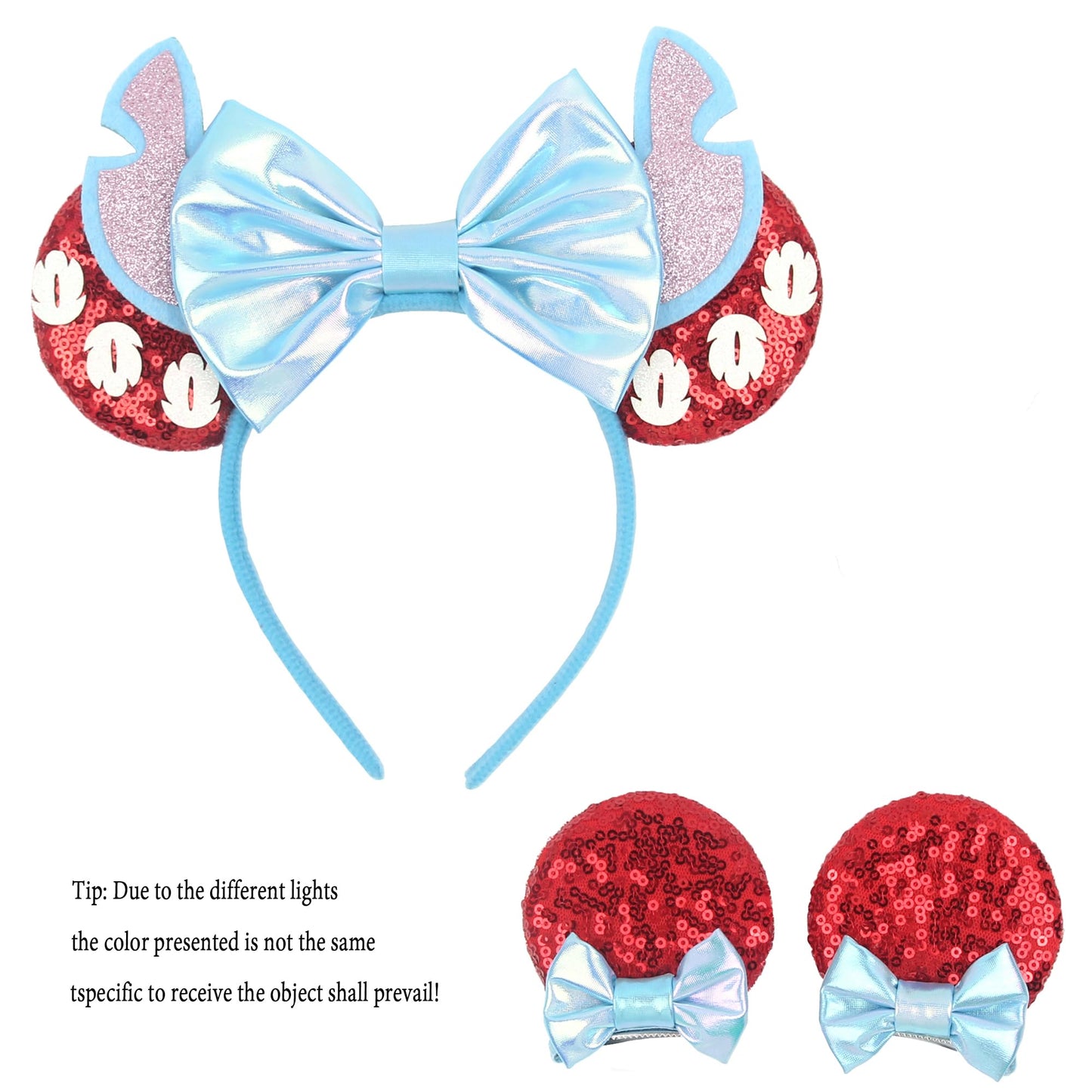 zhezesmila Shiny Mouse Ears Headband and Hair Clips, Glitter Party Princess Decoration with Blue Bow Hair Accessories for Girls Women Adult Kids Birthday Party(blue&white&red)