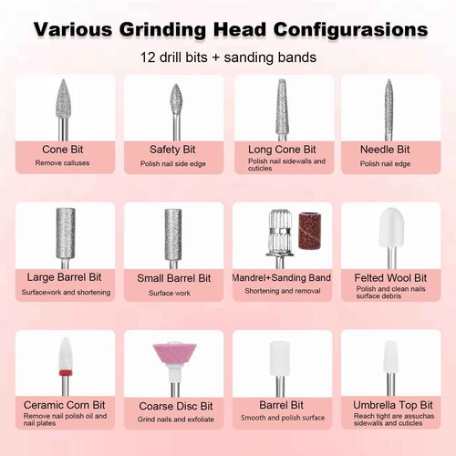 Qinvone Electric Nail Drill File, Professional 40000RPM Nail E-File Drill, Rechargeable Cordless Nail Drill with Bits & Base for Acrylic Nails Remove Nail Gel Polish Manicure for Home Salon Use (Pink)