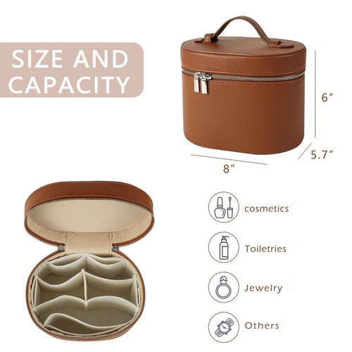 Makeup Bag Vanity Case with Divider and Handle, Aesthetic Makeup Bags, Waterproof PU Leather Toiletry Bag for Women Girls, Portable Cosmetic Organizer Bag (01Brown)