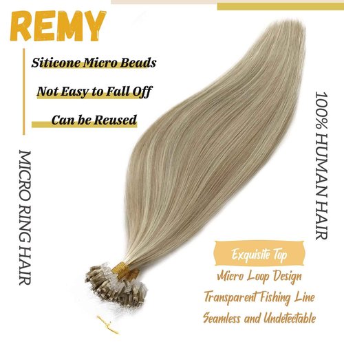 Real Human Hair Microbead Extensions 20 Inch Micro Ring Color #18 Ash Blonde With #60 Platinum Blonde Highlights 50g/50s Remy Straight