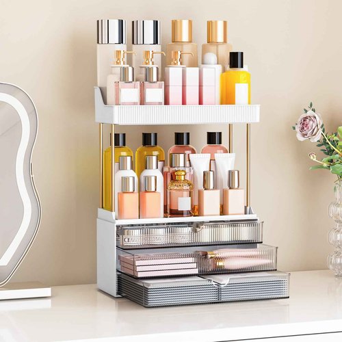 caktraie Bathroom Organizers and Storage - 3 Drawers 2 Tier Makeup Organizer, Cosmetic Storage Drawer for Dresser Countertop and Bathroom Vanity for Large Skincare, Perfume, Grey
