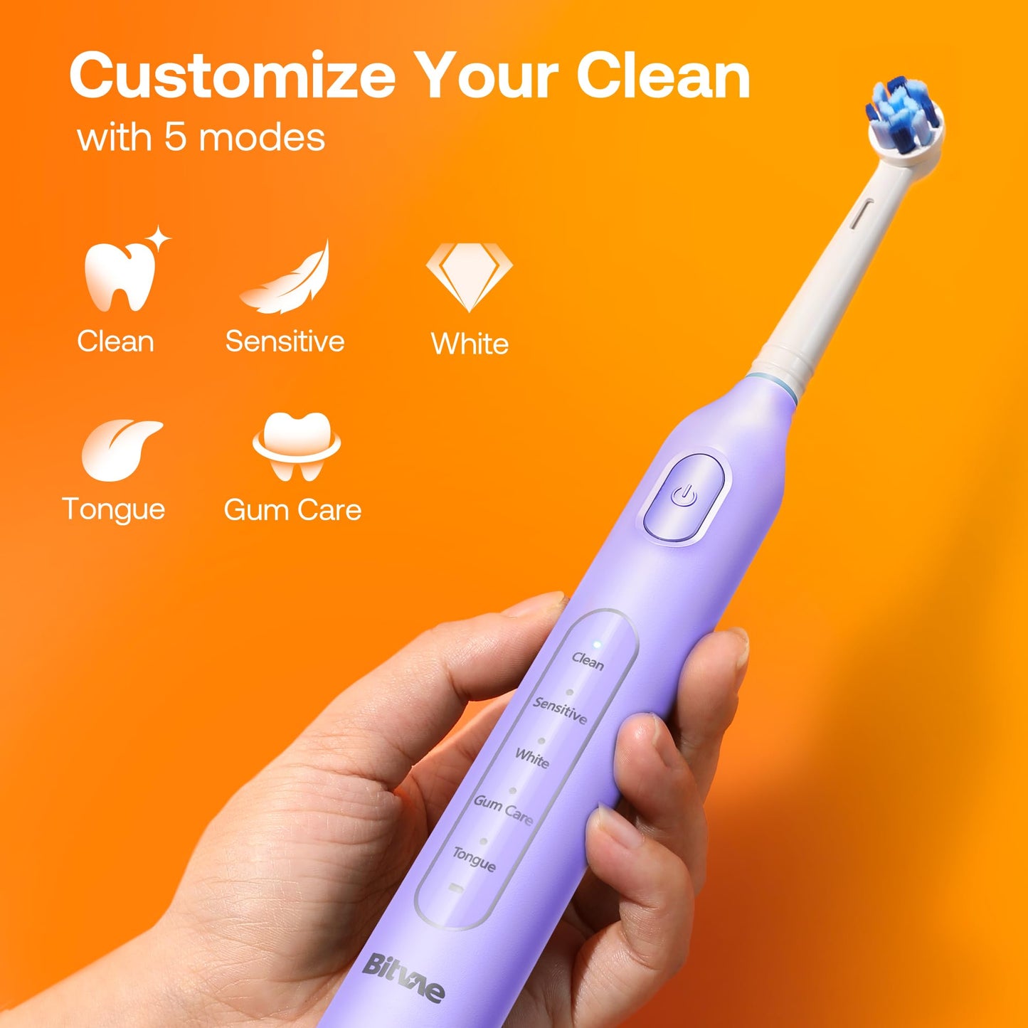 Bitvae R1 Rotating Electric Toothbrush with 8 Brush Heads for Adults and Kids, 60-Day Battery Life, 5 Modes Rechargeable Power Toothbrush with 2-Minute Smart Timer, Purple