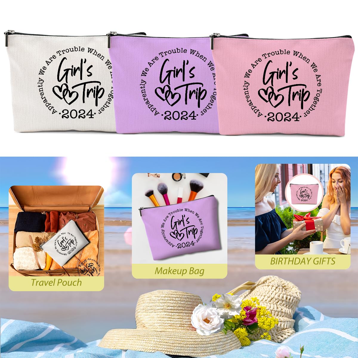 3 Pcs Girls Trip Gifts Favors, Girls Weekend Gifts Funny Makeup Bag, Bestie Gifts Weekend Bag Summer Vacation Cosmetic Bag, Friendship Gifts for Women Friend BFF, Graduation Wedding Gifts Toiletry Bag