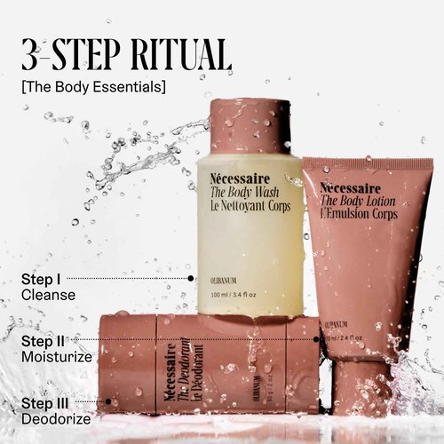 Nécessaire Body Essentials - Skin Care Gift Set For Women + Men - Travel-Size Body Wash, Body Lotion + Deodorant | Dermatologist-Tested. Hypoallergenic | Vegan | Aluminum-Free Deodorant (Olibanum)