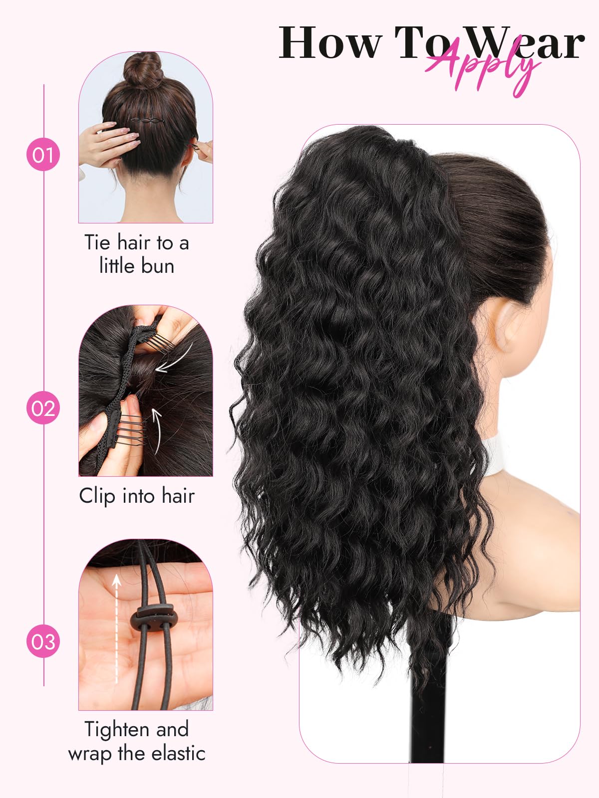 Isaic Ponytail Extension 16 Inch Long Wavy Curly Ponytails Drawstring Ponytail for Black Women Black Pony Tails Hair Extensions Synthetic Hairpiece for Daily Use