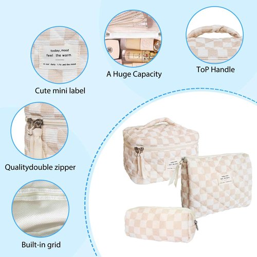 Quilted Cosmetic Bag Large Capacity Travel Cosmetic Bag for Women and Girls Aesthetic Storage for Daily and Travel Use (3pcs-browncheckered)