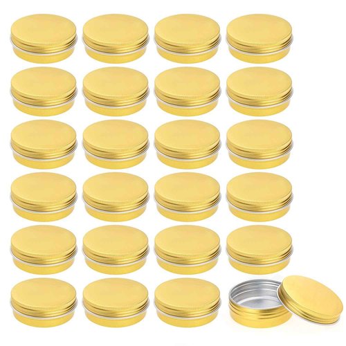 Foraineam 24 Pack 2 oz Round Aluminum Lip Balm Tin Cans with Screw Top Lids - Golden Cosmetic Sample Containers - Metal Empty Tins Travel Storage Tin Jars for Salve, Spice or Crafts