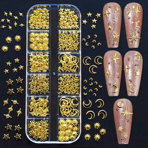 450pcs Sun Moon Stars Gold Nail Charms, 12 Grids/Box Metal Rivets Nail Art Charms 3D Star Charms for Nails Design Alloy Nail Studs Nail Jewelry Starlight Nail Charm Nail Jewels for Nail Art Supplies
