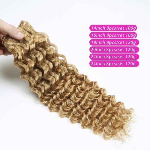 Curly Clip in Hair Extensions Real Human Hair 14inch 100g Invisible & Seamless 100% Brazilian Remy Human Extension Deep Wave Clip ins Extensions Double Weft 8 PCS with 20 Clips #27 Honey Blonde