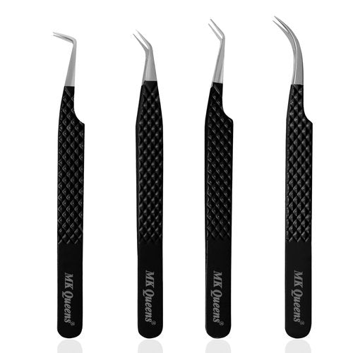 Fiber Tip Lash Tweezers for Eyelash Extensions with Diamond Grip, Set of 4 Precise Tips Japanese Steel for Classic, Volume & Mega Volume Lashes, Ideal Tweezers Set for Lash Artists (4, Black)