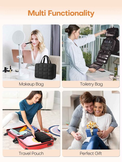 Manuqia Travel Toiletry Bag with Separate Jewelry Organizer, Water-resistant Makeup Bag with Hanging Hook, Large Capacity Travel Organizer for Toiletries, Cosmetic, Vacation Essentials - Large