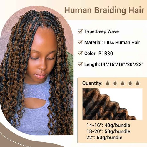 Human Braiding Hair for Boho Knotless Braids 2 Bundle 14 Inches 80g Deep Wave Bulk Human Hair for Braiding Hair Wet and Wavy 10A Brazilian Virgin Human Hair Balayage Black to Brown 1BP30