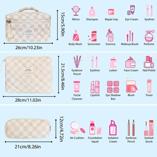 Quilted Cosmetic Bag Large Capacity Travel Cosmetic Bag for Women and Girls Aesthetic Storage for Daily and Travel Use (3pcs-browncheckered)
