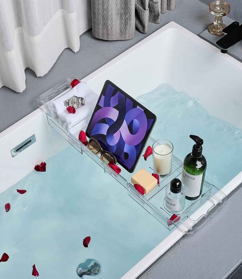 Bathtub Caddy Tray,Adjustable Bathtub Tray Table, Bath Organizer for Relaxing Spa-Features 2 Cup Holders, A Phone Stand with 5 Angle Adjustments,Non-Slip Silicone Pads,Won't Get Moldy,Easy to Clean.