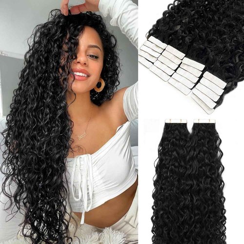 Smartinnov Tape in Hair Extensions Human Hair Deep Curly 14Inch PU Tape Ins for Black Women 20pcs 50G Seamless Curly Tape on Hair Extensions with Invisible Tape Attached Tape on Hair